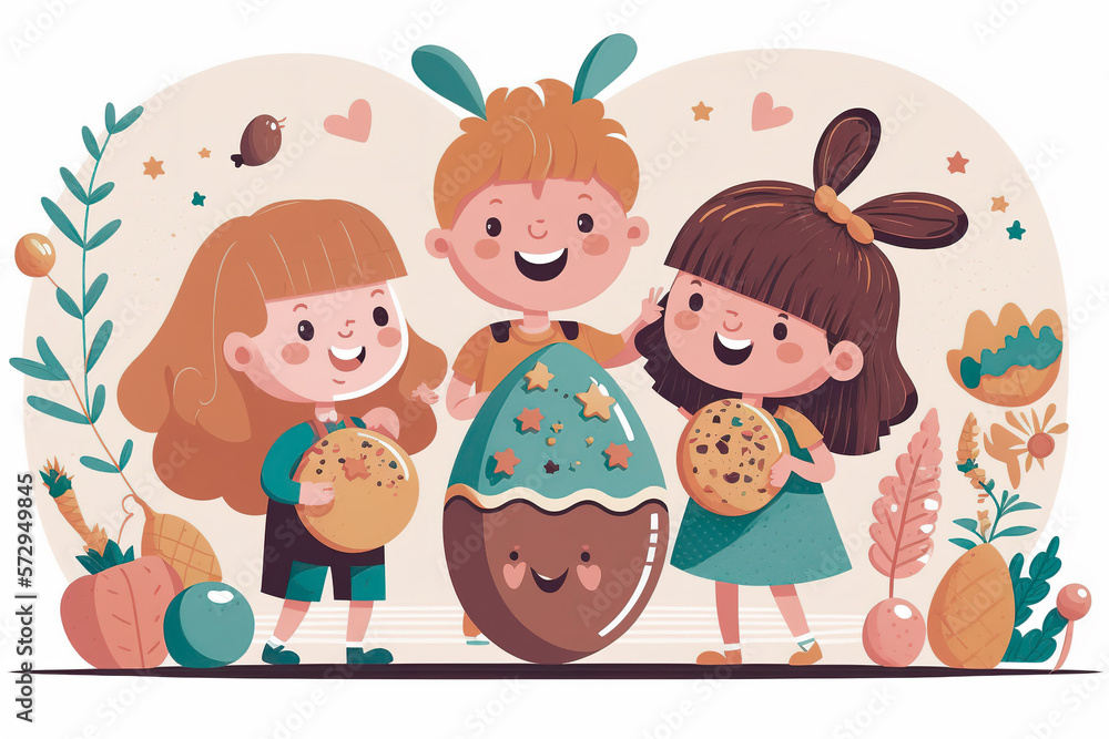 Children happy with Easter Eggs. Two girls and one boy wearing bunny ears and multicolored easter eggs. Holy Week tradition, Spring holiday, Easter Sunday. Vector Illustration Generative AI. Children happy with Easter Eggs. Two girls and one boy wearing bunny ears and multicolored easter eggs. Holy Week tradition, Spring holiday, Easter Sunday. Vector Illustration Generative AI.