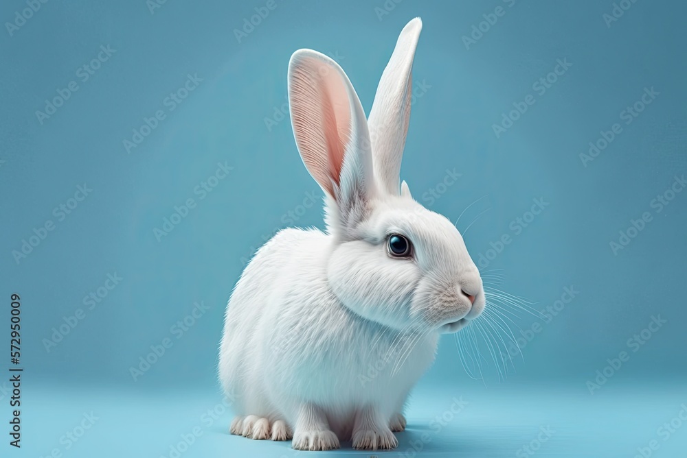 White bunny on pastel blue background. Ai generative.