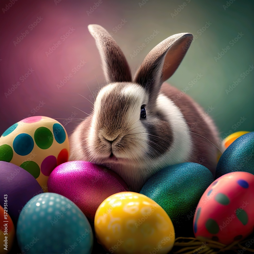 Kaninchen / Hase mit bunten Ostereier aufm Rassen mit Frühlingsblumen ...