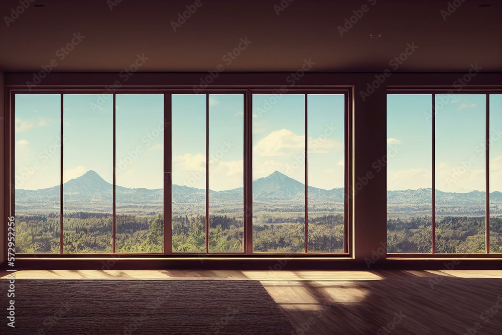 Empty living room with a huge window and a view of the backyard and the