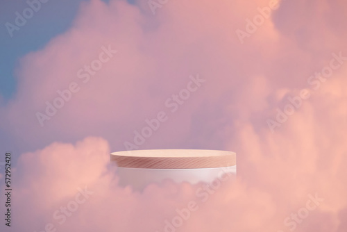 Wood podium outdoor on blue sky gold pastel clouds with empty space.Beauty cosmetic product placement pedestal present promotion minimal display,summer paradise dreamy concept.