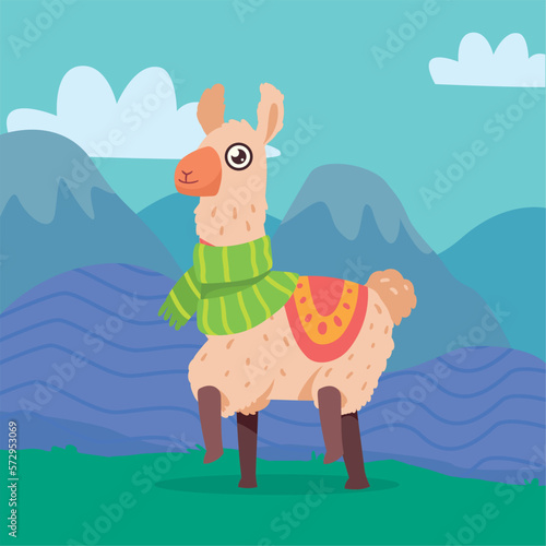 llama wearing scarff in landscape