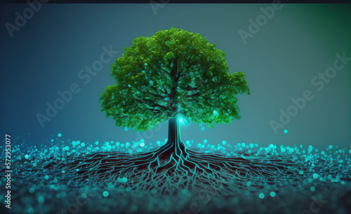 A beautiful large tree growing on the micro chip computer circuit board showing concept of digital business CSR and ethics . Sublime Generative AI image . photo