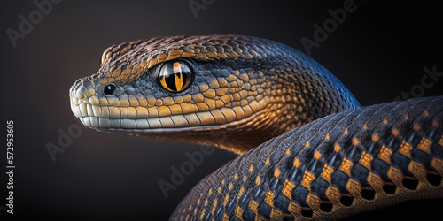 Ai generated close-up of a snake's head isolated ona black background