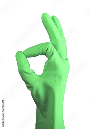 Hand in rubber glove showing OK sign, okay, approval symbol with fingers isolated on white background