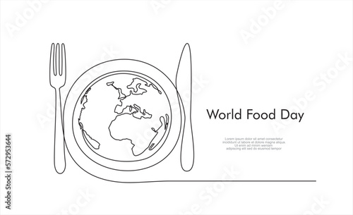 Continuous one single line drawing of Globe, knife and fork. World Food day isolated on white background. Vector Illustration.