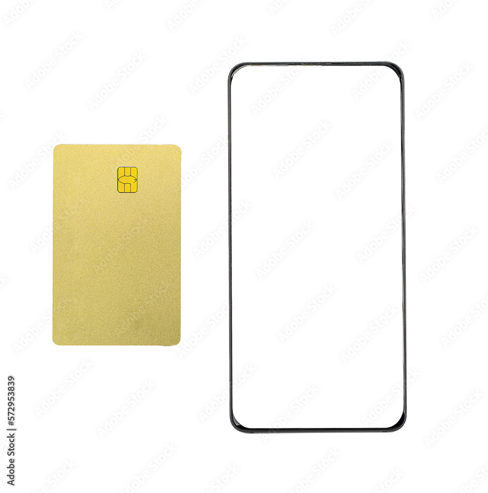 Mobile phone frame mockup and blank gold bank card mock-up isolated on white. Money app ad Mobile phone frame mockup and blank gold bank card mock-up isolated on white. Money app ad