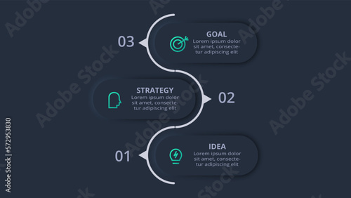 Neumorphic flowchart dark iinfographic. Creative concept for infographic with 3 steps, options, parts or processes.