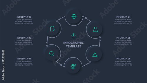Neumorphic flowchart dark iinfographic. Creative concept for infographic with 6 steps, options, parts or processes.