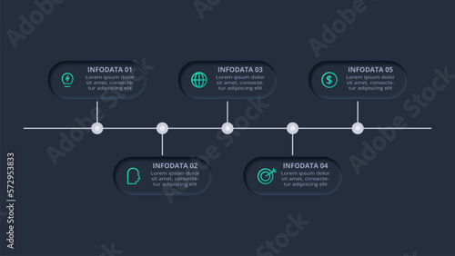Neumorphic flowchart dark iinfographic. Creative concept for infographic with 5 steps, options, parts or processes.