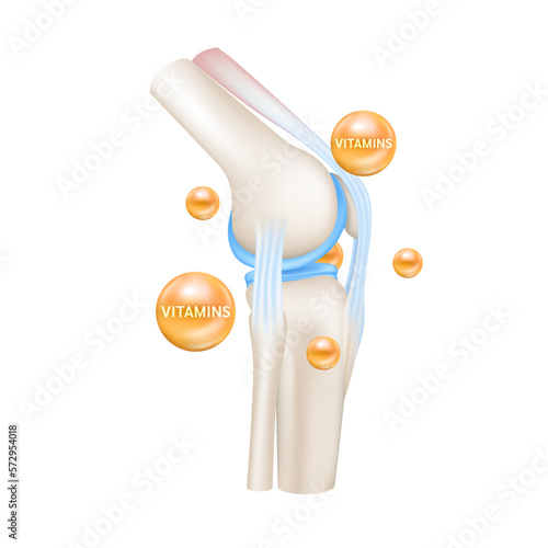 Healthy bone cartilage with orange vitamin D3. Human skeleton anatomy model isolated on white background. Vitamins and minerals care bone knee joint. Realistic 3D vector. Medical science concept. 