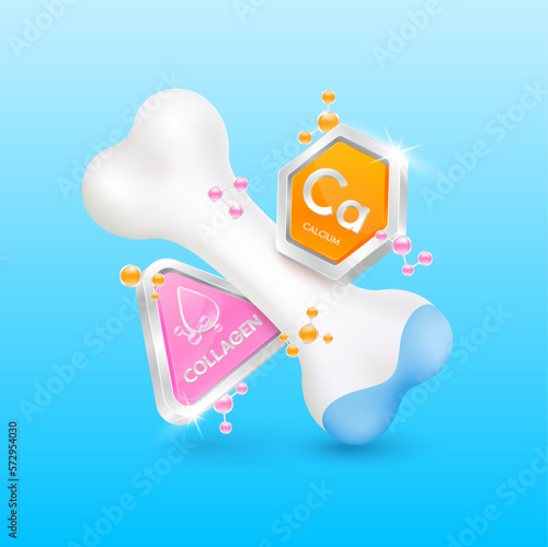 Healthy bone. Calcium minerals orange and collagen pink with atom molecule orbit around. Heal arthritis knee. Used for products food and medicine design. 3D logo label nutrition silver. Vector EPS10.