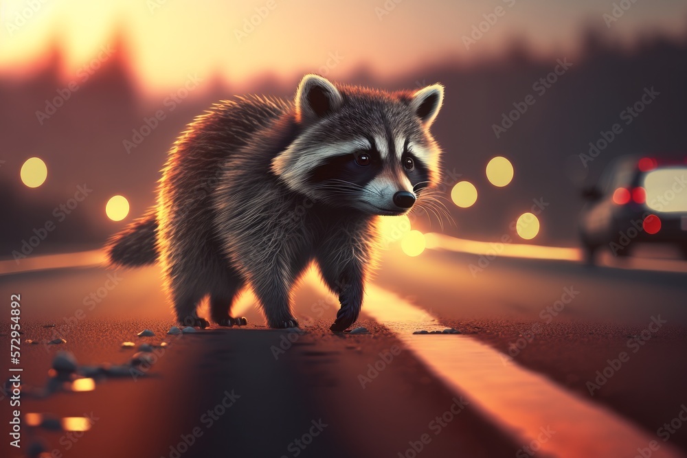 Raccoon walks across highway. The danger of a car accident with an ...