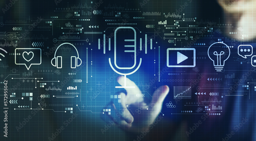 Podcast theme with young man touching a digital screen at night Podcast theme with young man touching a digital screen at night