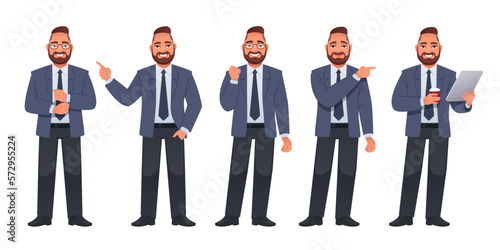 Man in full growth character set. A businessman stands in glasses, points to something, rejoices, holds a tablet in his hand and a glass of coffee. A bearded man in a suit with a tie