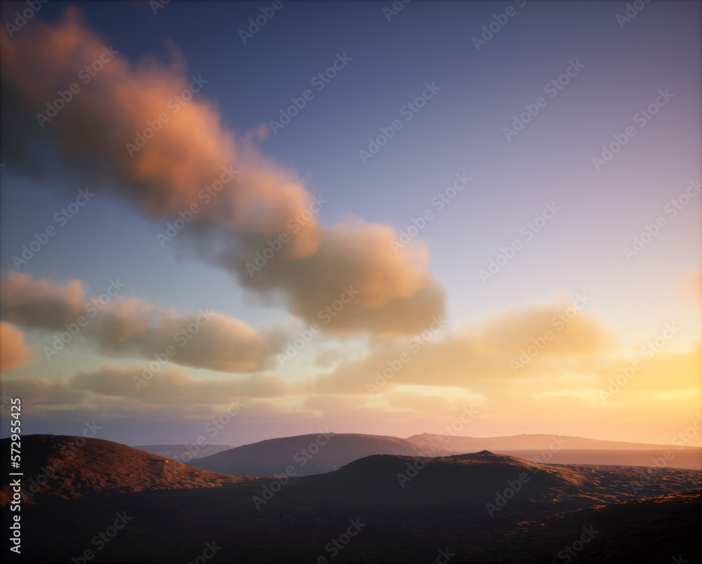 Tundra landscape during sunset under a cloudy sky. 3D render.