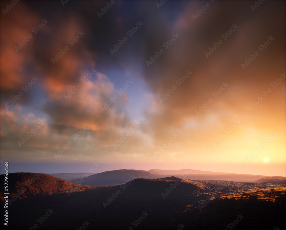 Tundra landscape during sunset under a cloudy sky. 3D render.