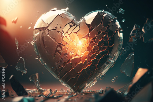 a glass heart, cracked and shattered but still intact, with rays of light shining through the cracks Generative AI © dewaai