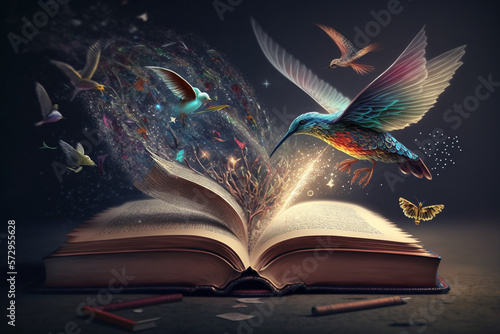 a fantastic open book, where colorful magical creatures are flying out of the pages and into the air Generative AI © dewaai
