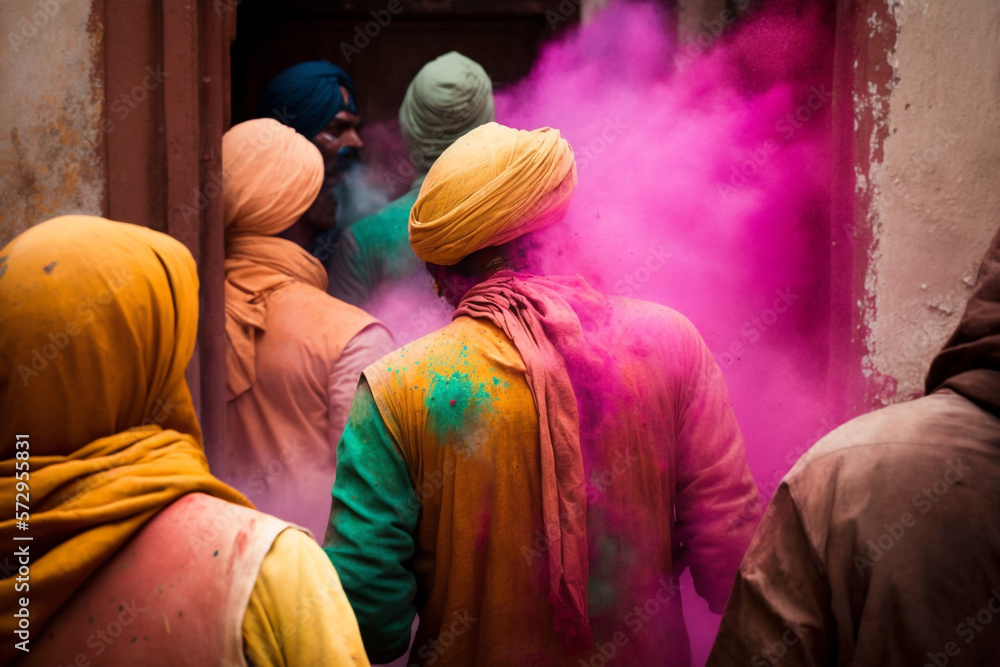 Fototapeta premium Generative AI of people with colorful powder celebrating at Holi, the Hindu festival of colors. 