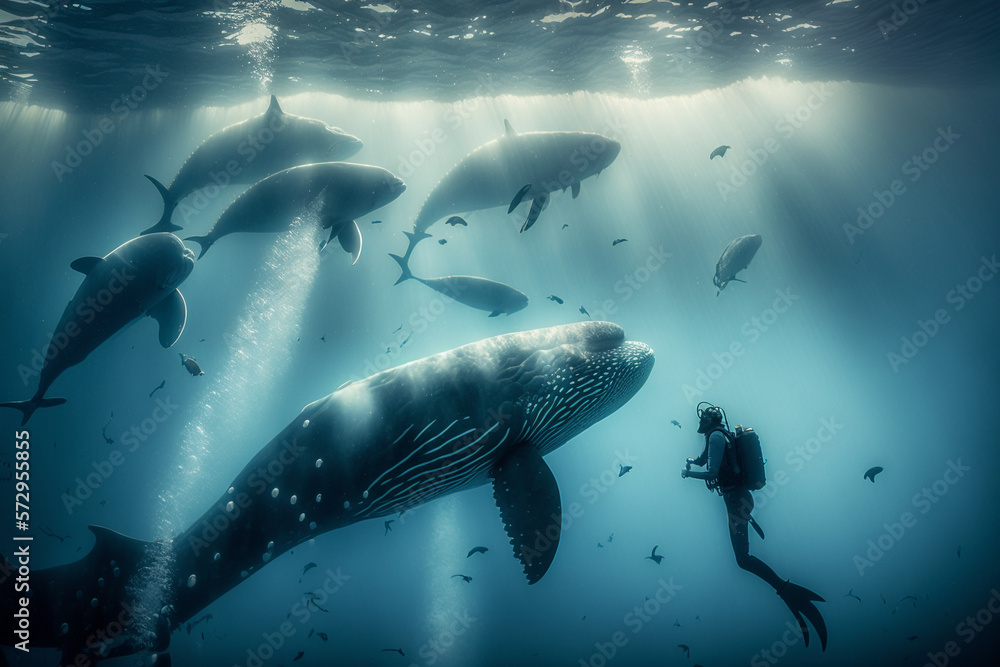 Obraz premium Scuba diver in the ocean with whales. Sunrays in the water. Generative Ai. 