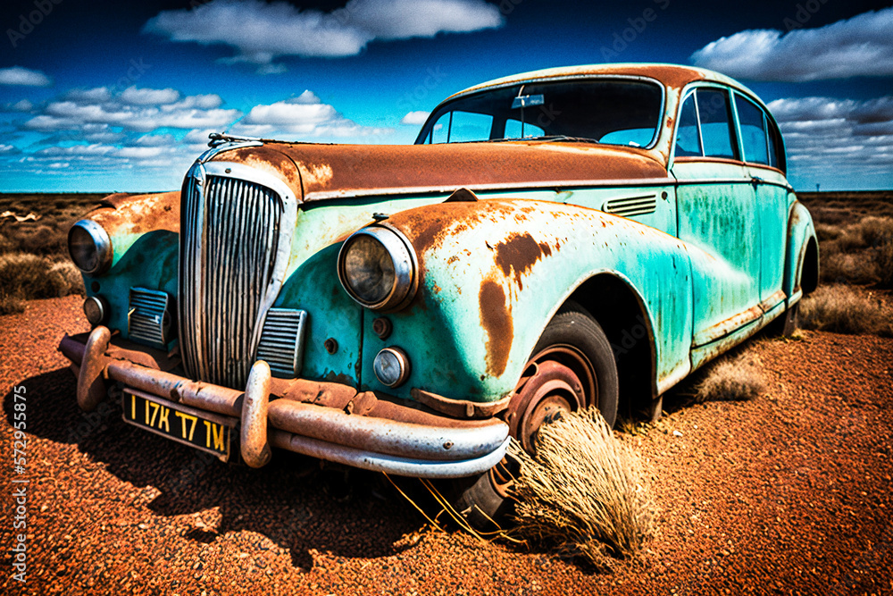 Fototapeta premium An abandoned and rusty British luxury car, generative ai