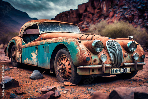 An abandoned and rusty British luxury car, generative ai