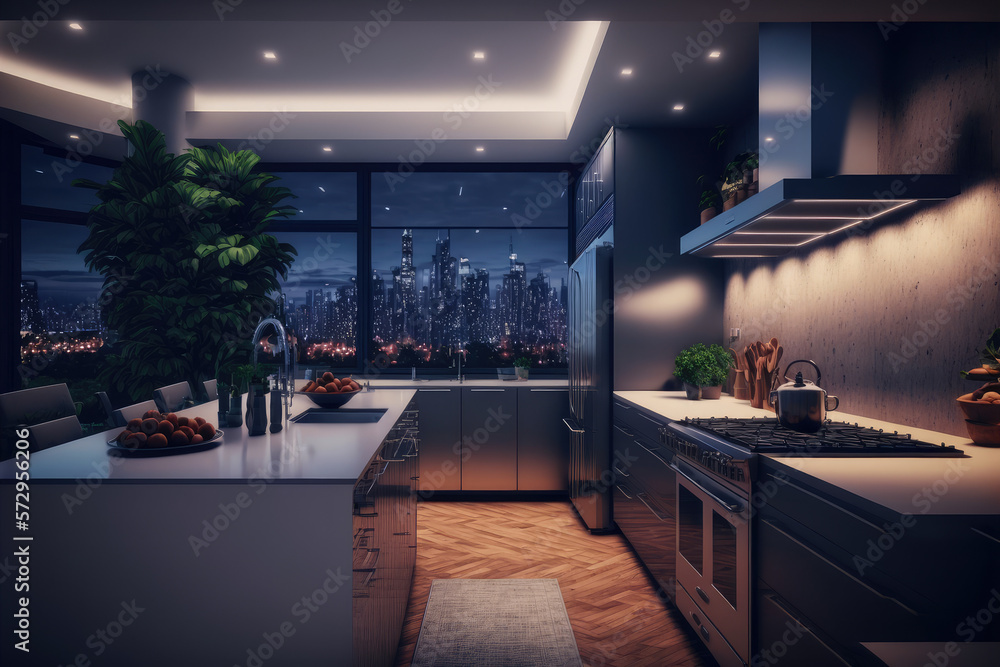 Luxury apartment kitchen at night . Luxury interior decoration