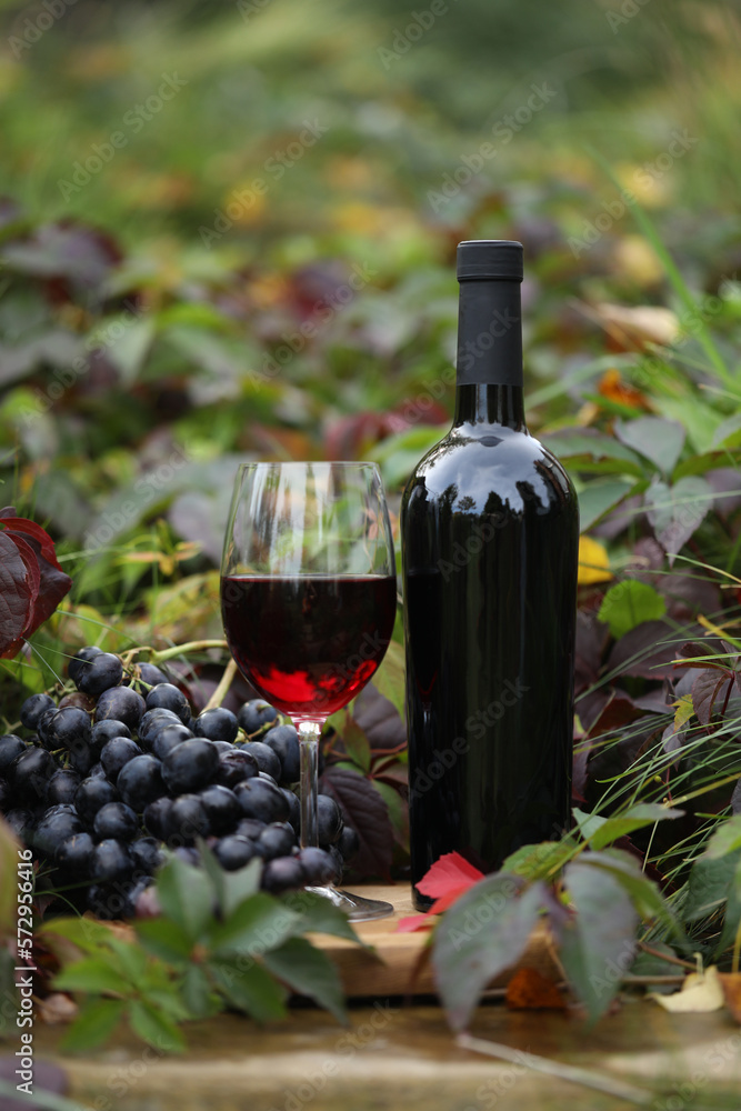 glass of red wine on wooden background with autumn leaves and bottle 