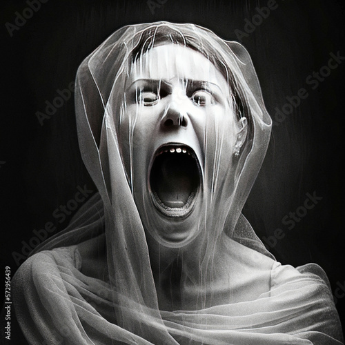 A frightened woman with her face covered by a veil, screaming in terror - generative ai