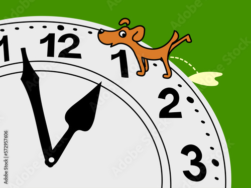 The dog wants to pee. Time to walk your pet. Cute puppy and clock. Flat vector illustration of pet care graphic.