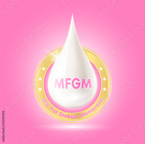 MFGM (Milk Fat Globule Membrane) Vitamins and omega DHA in milk droplets. Essential amino acids for body infant health. Products design supplement food. 3D realistic isolated. Vector.