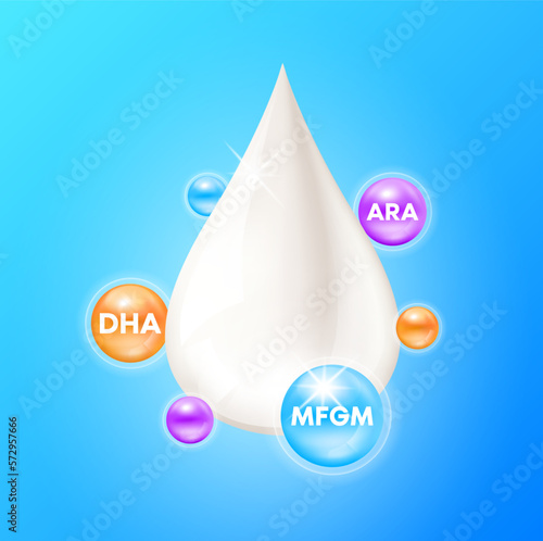 MFGM (Milk Fat Globule Membrane) Vitamins, ARA and Omega DHA in milk droplets. Essential amino acids for body health. Products design supplement food. 3D realistic isolated. Vector.