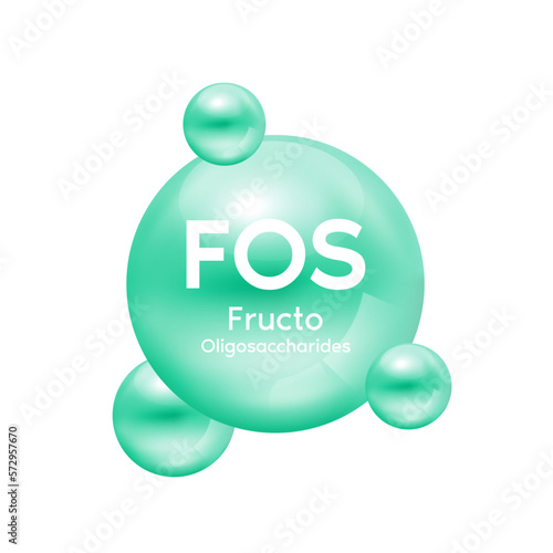 FOS Fructo Oligosaccharides, Vitamins fiber green isolated on white background. Essential amino acids for body health. Products design supplement food. 3D Vector EPS10.
