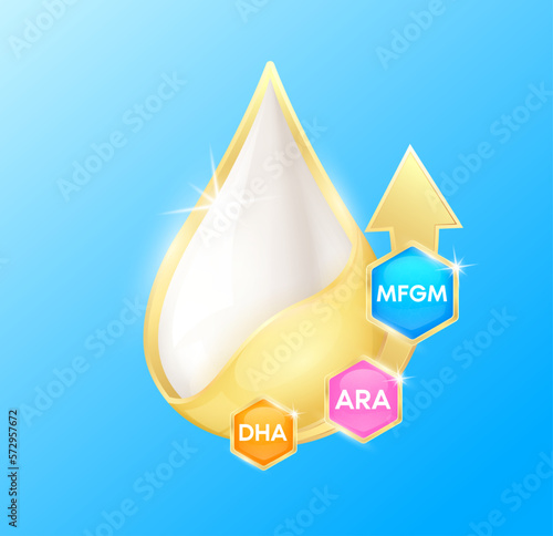 Milk droplets with ARA, Omega DHA and MFGM (Milk Fat Globule Membrane) golden arrow. On blue background Essential amino acids for body health. Products design supplement food. 3D Vector.