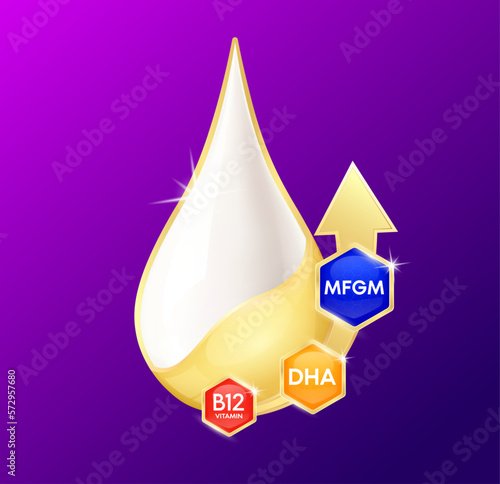 Milk droplets with Vitamin B12, Omega DHA and MFGM (Milk Fat Globule Membrane) golden arrow. On purple background Essential amino acids for body health. Products design supplement food. 3D Vector.