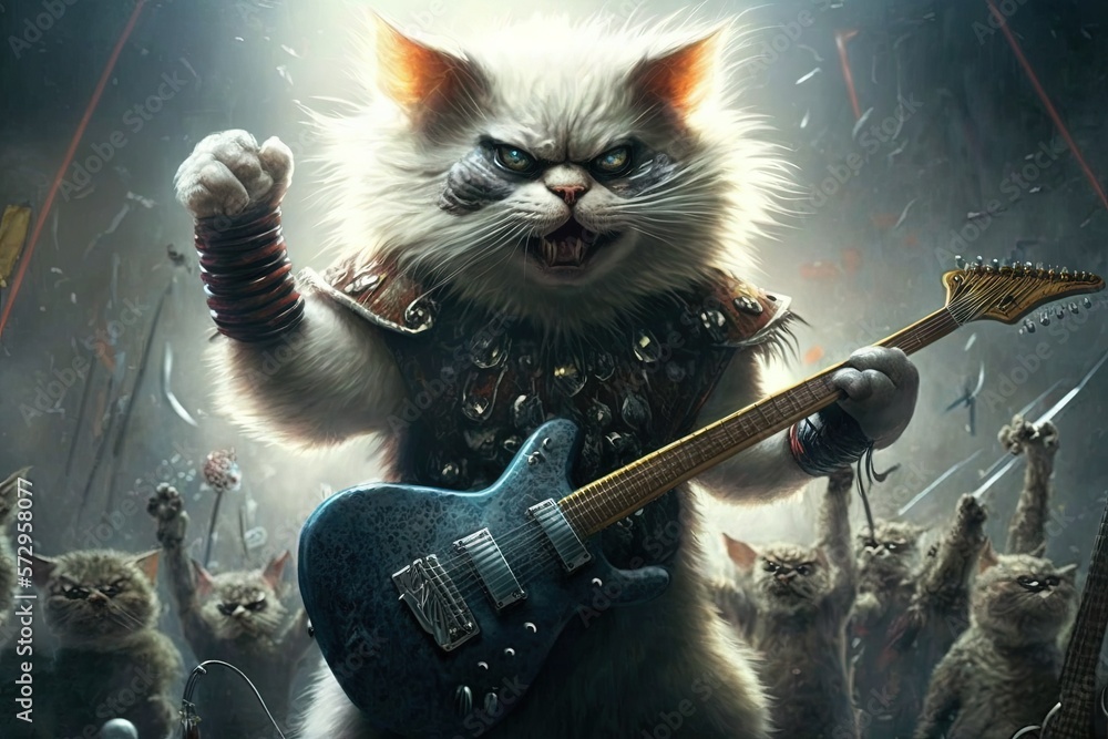 cat dressed up as a rock star, playing a guitar with its claws ...