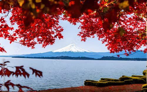 Mount Fuji and and fall colors. AI generative