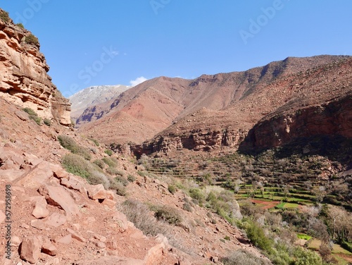 Gorge with terraced fields in Ourika Valley, High Atlas Mountains, Morocco.