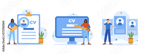 Hiring illustration set. Human resource management. Job analysis, sourcing, screening and selection. Character applying for work position. Job recruitment process concept