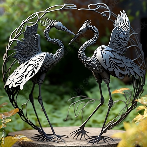 Pair of Metal Cranes Statue Garden Art photo