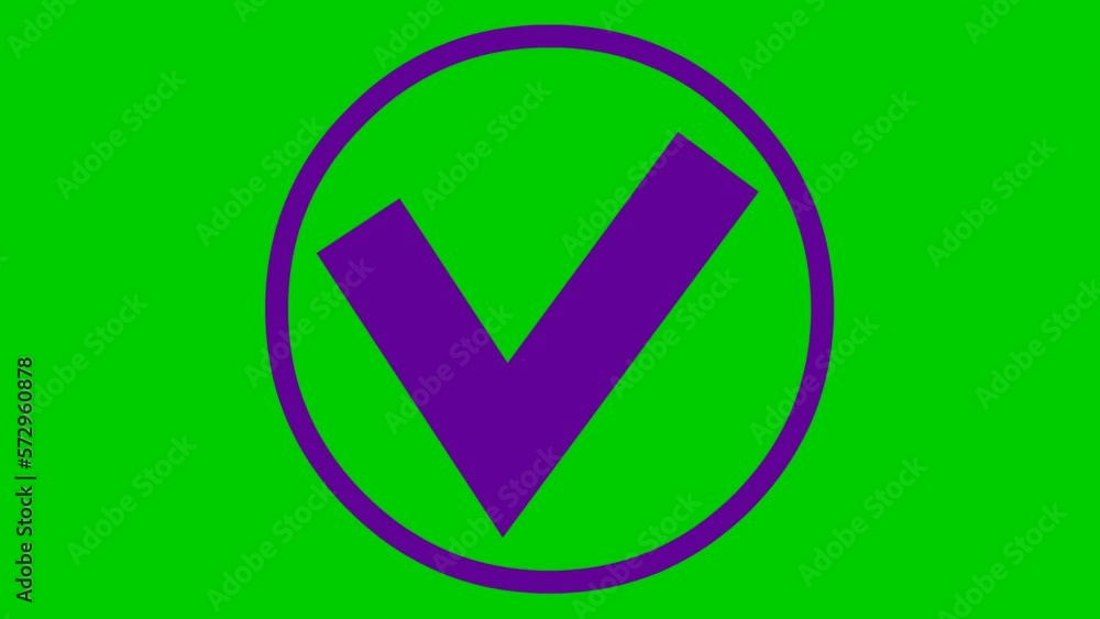 Animated violet check mark in circle appears. Flat vector illustration isolated on green background. Animated violet check mark in circle appears. Flat vector illustration isolated on green background.