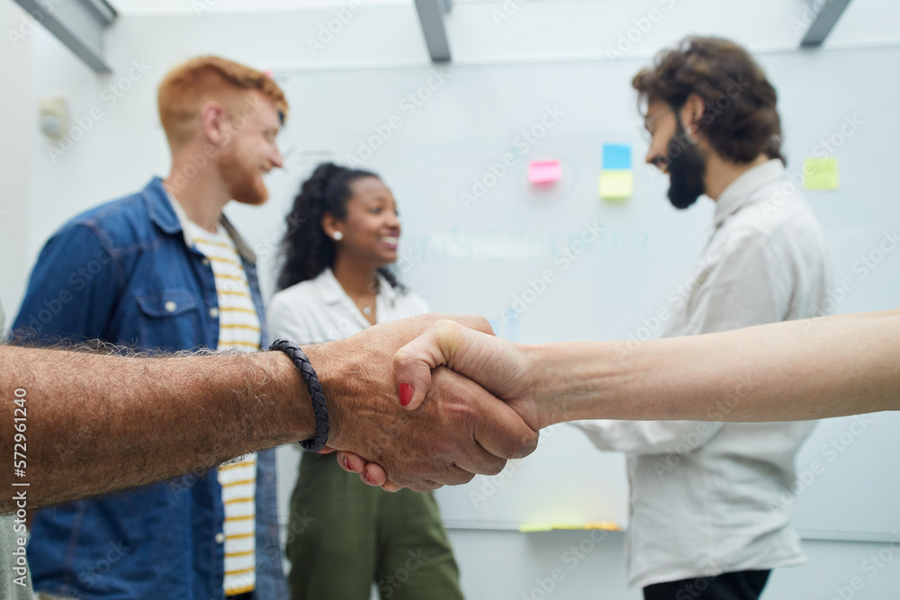 Obraz premium Two confident business people shake hands during an office meeting, success, deal, greeting and partner concept. Reaching an agreement at work. Close-up photo of hands.