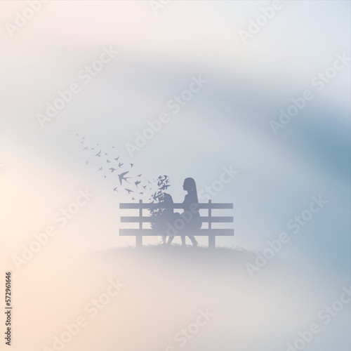 Loving couple on bench. Death, afterlife. Flying birds in foggy clouds