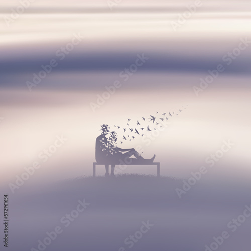 Loving couple on bench. Death, afterlife. Flying birds in misty clouds