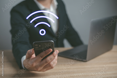 WiFi symbol, smartphone screen, button to connect to wireless internet