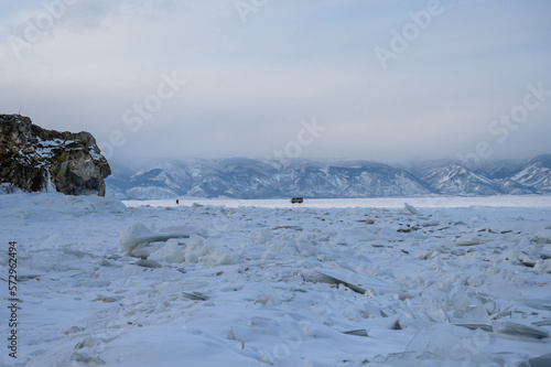 the car is driving on ice. Lake Baikal. Winter Baikal. Small sea. ice and snow