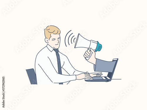 Business man distracted by ad spam, hand drawn style vector design illustration