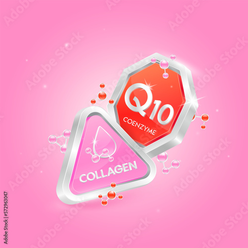 Coenzyme q10 in octagon shape red and collagen pink with chemical atom molecule orbit around. 3D Logo label nutrition silver. Used for products food and medicine design. Isolated Vector.