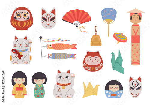 japanese dolls. traditional good luck maneki neko symbols. Vector cartoon illustrations photo